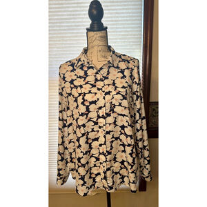 Anthropologie Skies Are Blue Large Floral Longsleeve Blouse w Roll Tab Sleeves